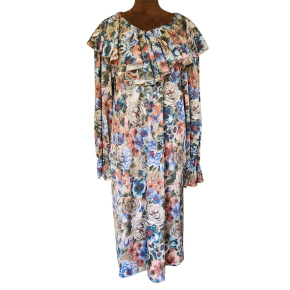 JoRo Dresses & Skirts - VTG 80s JoRo Fashions Floral Midi Dress Ruffle Bib Collar Made in USA Size 14